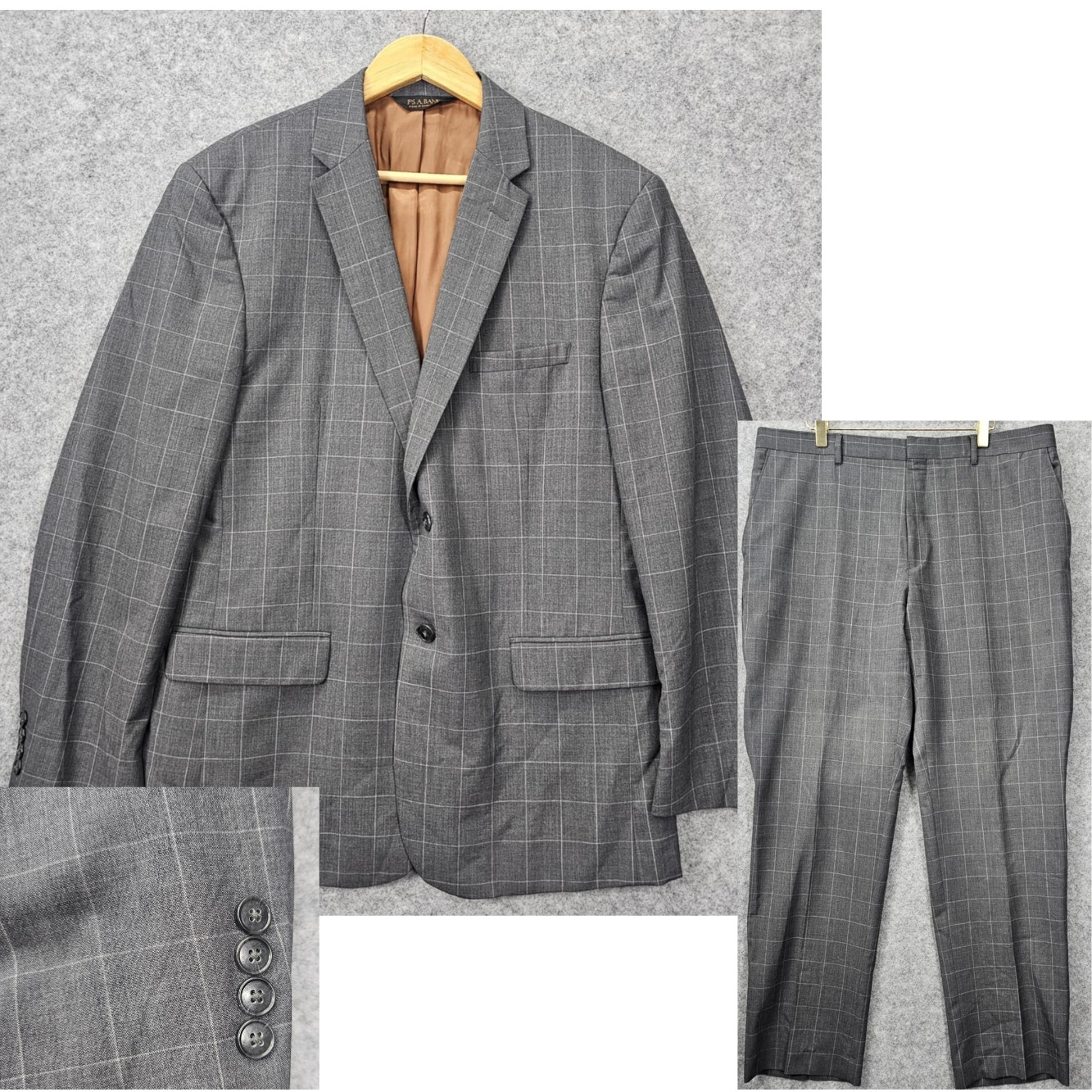 Jos A Bank Suit Mens 40r S Gray Windowpane Plaid Wool Slim 2 Piece Joseph W37x30